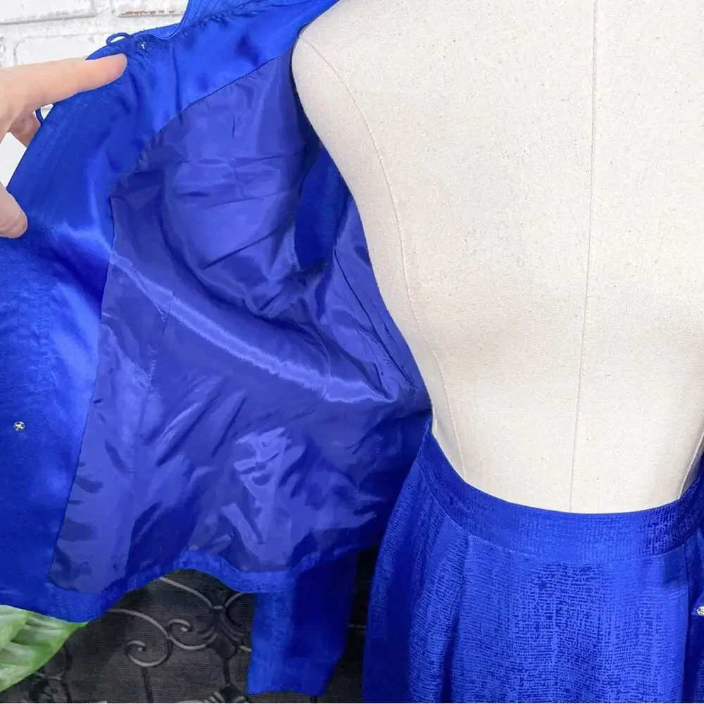 Vintage 90s Adrianna Papell Cobalt Blue Silk Two Piece Skirt Suit Set 6
